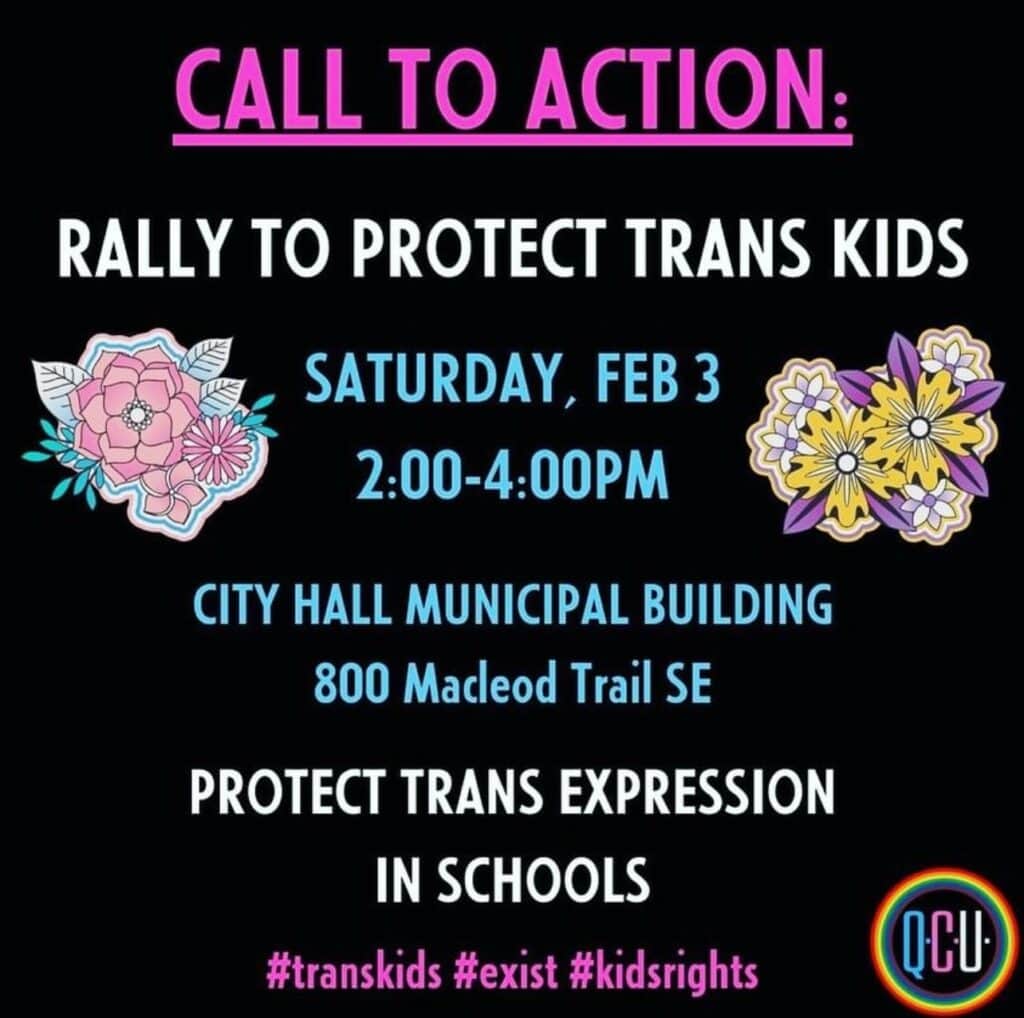 Call to Action: Rally to Protect Trans Kids • Saturday Feb 3, 2-4 PM, City Hall Municipal Building. PROTECT TRANS EXPRESSION IN SCHOOLS.